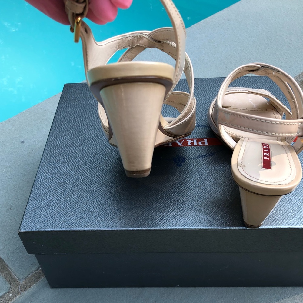Prada Logo Strappy Low Wedge Sandals Sz 37.5 - Picture 7 of 10